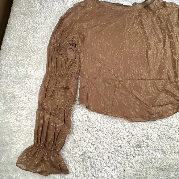 Amanda Uprichard Silk Blouse. Harvest Brown Metallic Gold. Semi Sheer. - Picture 9 of 11